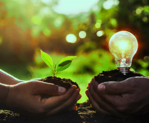 Suas mãos, uma das mãos segura um pouco de terra com uma muda de planta e na outra mão, também um punhado de terra com umalâmpada no lugar da muda de planta.