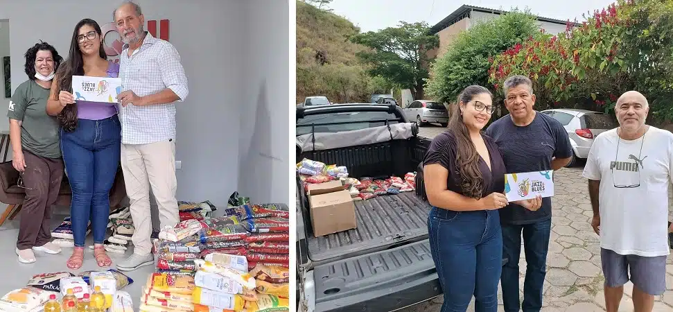 Foto mostra representantes das instituições durante a entrega de alimentos arrecadados no Guaçuí Jazz & Blues Festival