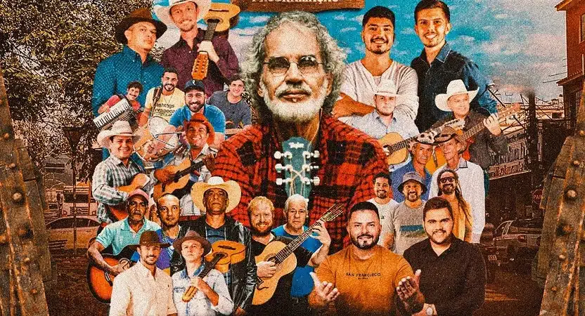 Foto de cartaz com montagem de imagens das atrações do FestViola de Muniz Freire
