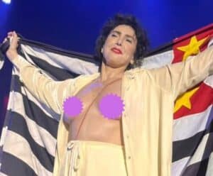 Adriana Calcanhotto mostra seios para homenagear Rita Lee e Gal Costa em show cantora Adriana Calcanhotto segurando uma bandeira e mostrando os seios