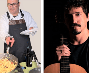 Foto destaca o chef Carlos Lino cozinhando e o músico Júnior Brunelli que abrem a Feira Gastronômica com aula show e música ao vivo