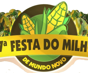 Imagem mostra a logomarca recortada da Festa do Milho de Mundo Novo em Dores do Rio Preto