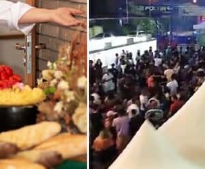 Foto mostra imagem de aula show de culinária e ambiente lotado da Feira Gastronômica do Caparaó