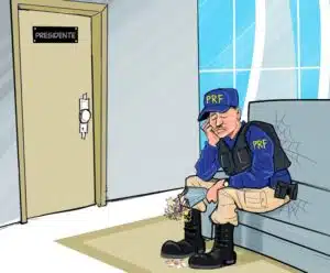 Marcas na pista Na charge se cê um policial com a farda da PRF, sentado em um banco cheio de teias de aranha, segurabdo uma flor e aguardando em frente à porta do presidente.