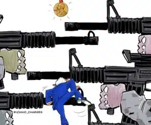 Mico Na charge é representado o presidente Lula, usando canos de pistolas como escada para chegar ao Nobel