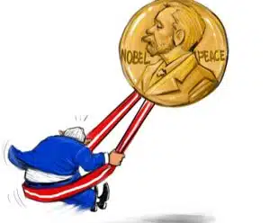 Obsessão pelo Nobel Na charge, um homem esta sentado na fita que segura uma medalha, e é carregado por ela.