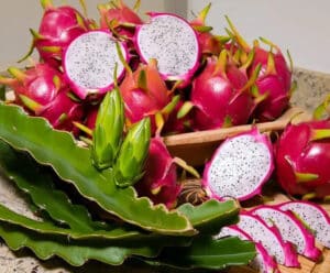 Cientistas desenvolvem cultivares de pitaya geneticamente superiores Imagem de várias pitayas em um monte, algumas estão partidas ao meio.