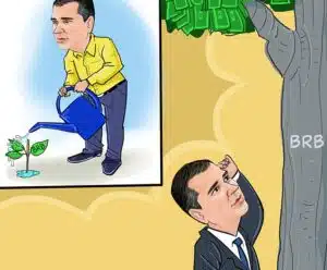 Visão Na charge, Paulo Henrique Costa é representado plantando em dois cenário diferente. Em um, ele esta plantando uma arvorede dinheiro, e na outra ele admira a árvore já crescida.