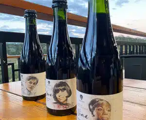 Trio de cervejas homenageia Santa Teresa (ES) com ícones do jazz e da bossa nova Cervejaria 3 santas com suas cervejas ja engarrafadas em mesa de madeira