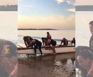 Anchieta estreia no Campeonato Estadual de Canoa Havaiana um grupo de sete canoeiros estõ em uma praia, tirando a canoa da água.