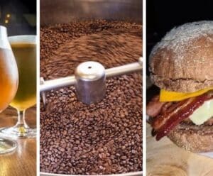 Mais cervejas, café e hamburgueria gourmet em Pedra Menina Foto mostra taças de cerveja, grãos de café torrados e hamburgueria guourmet da Feira do Café, do Vinho e das Cervejas