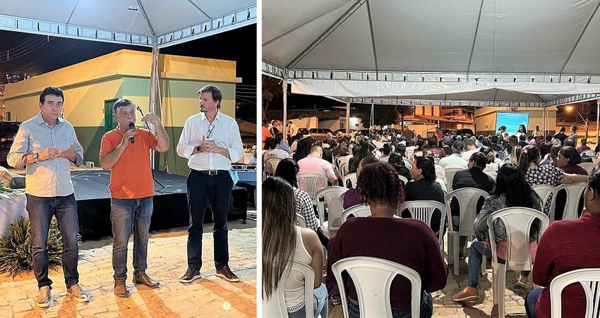 Foto mostra prefeito de São José do Calçado Cuíca e diretores da Cesan na audiências sobre obras de esgotamento sanitário