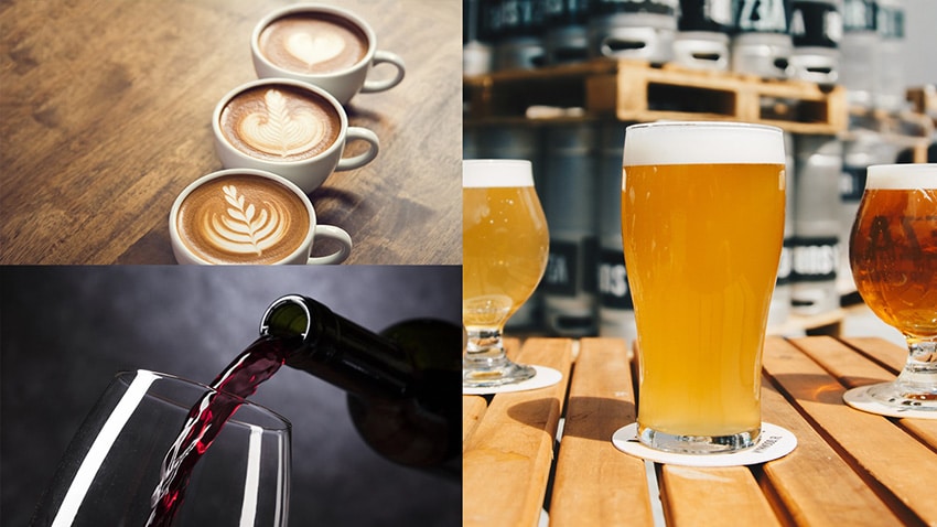 Foto mostra xícara de café, garrafa de vinho enchendo taça e taças de cerveja que vão ser destaque na Feira do Café, do Vinho e da Cerveja