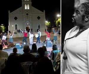 Atriz de Guaçuí é premiada em festival de Minas Gerais Foto mostra o Grupo Teatral Gota, Pó e Poeira numa praça em Passos (MG) e a atriz de Guaçuí Neuza de Souza que venceu como Melhor Atriz Coadjuvante