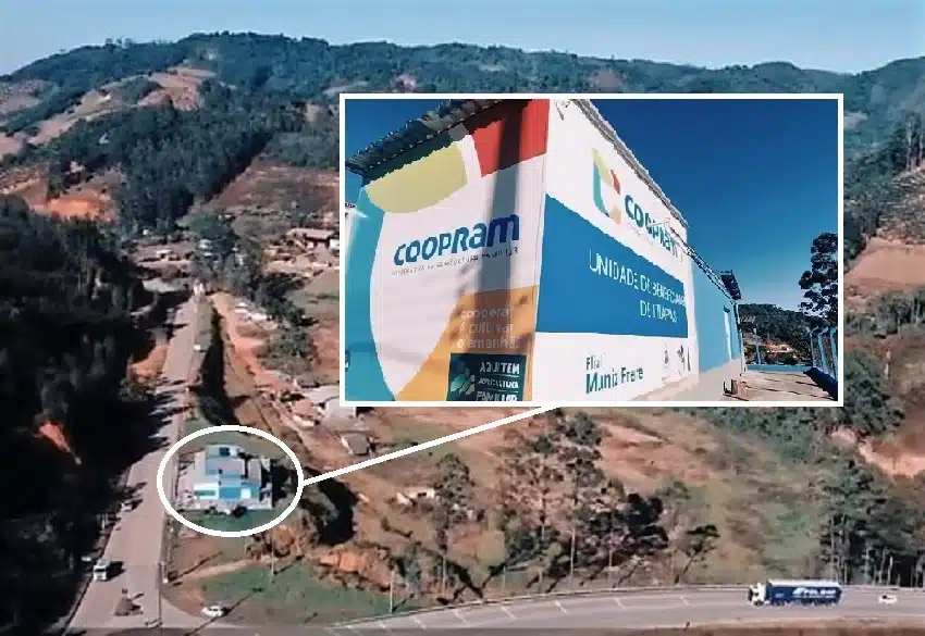 Foto mostra vista aérea e fachada da filetadora de tilápias em Muniz Freire do programa Mais Peixes