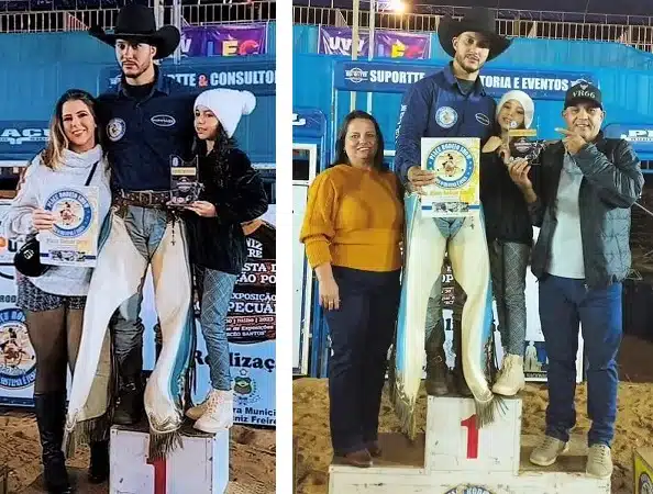 Foto mostra o campeão do rodeio de Muniz Freire com seus familiares ao receber troféu