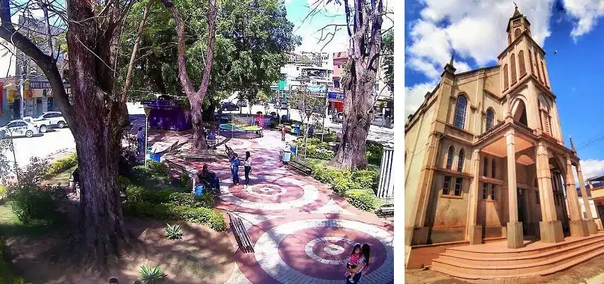 Foto mostra a Praça Divino Espírito Santo e a Igreja Matriz de Muniz Freire que aposta em turismo sustentável
