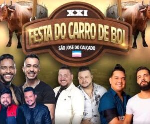 Festa do Carro de Boi de Calçado começa no 7 de setembro Foto mostra a logomarca da Festa do Carro de Boi em São José do Calçado e artistas dos shows