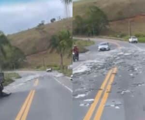 Chapas de mármore e granito se soltam e caem de caminhão em Cachoeiro