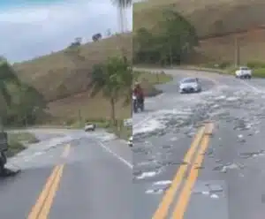 Chapas de mármore e granito se soltam e caem de caminhão em Cachoeiro