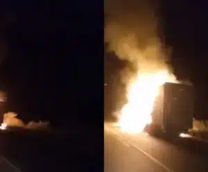 Carreta carregada com alimentos é flagrada pegando fogo em Ibatiba