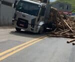VÍDEO | Rodovia é interditada após madeiras cair de caminhão em Alegre