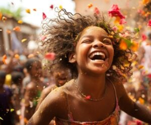 A foto apresenta uma criança pulando carnaval