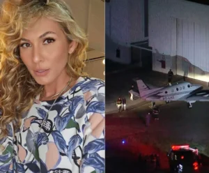 Terror no ar! Lívia Andrade estava em avião que sofreu pane Montagem com duas imagens: à esquerda, a apresentadora Livia Andrade tira uma selfie com os cabelos cacheados e loiros soltos, usando uma blusa estampada com folhas e pássaros; à direita, um avião de pequeno porte com a inscrição “PT-LHZ” está estacionado em frente a um hangar, cercado por equipes de emergência e veículos com luzes vermelhas acesas.