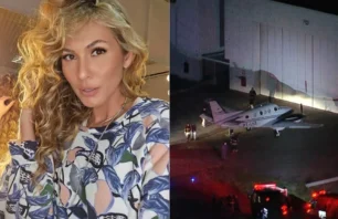 Terror no ar! Lívia Andrade estava em avião que sofreu pane Montagem com duas imagens: à esquerda, a apresentadora Livia Andrade tira uma selfie com os cabelos cacheados e loiros soltos, usando uma blusa estampada com folhas e pássaros; à direita, um avião de pequeno porte com a inscrição “PT-LHZ” está estacionado em frente a um hangar, cercado por equipes de emergência e veículos com luzes vermelhas acesas.