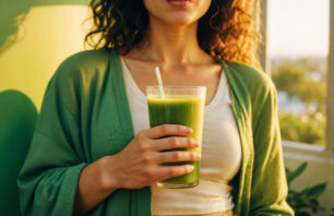 A foto mostra suco verde