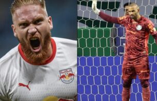 Montagem com dois jogadores de futebol: à esquerda, atacante do Red Bull Bragantino grita com expressão de intensidade, vestindo uniforme branco com detalhes vermelhos; à direita, goleiro do Palmeiras está parado em frente ao gol com uma das mãos levantadas, usando uniforme bordô.