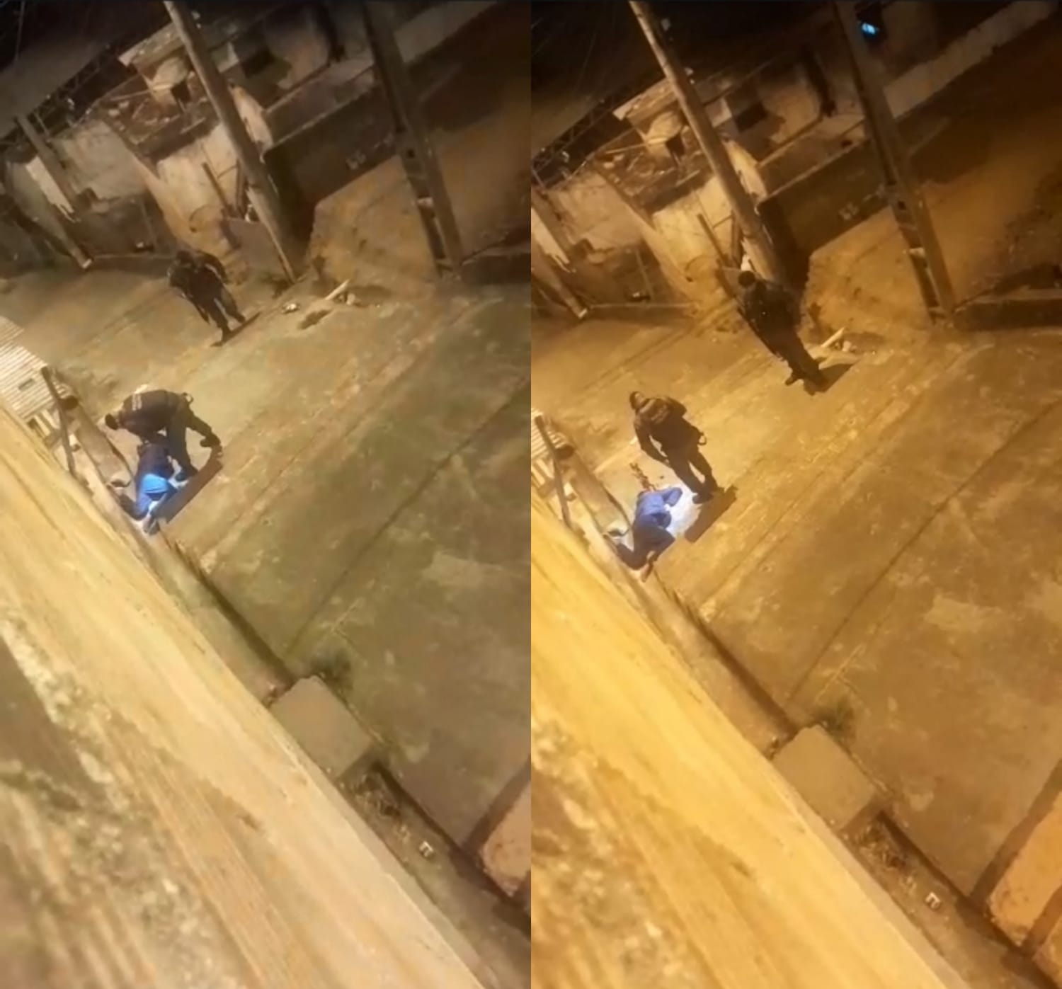 Imagem ilustra homem caído ao chão sendo averiguado pela polícia em Alegre