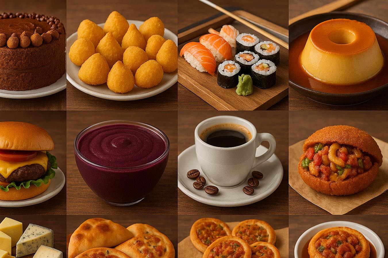 A imagem mostra uma montagem horizontal de fotografias realistas de diferentes pratos e bebidas. Entre os itens aparecem um bolo de chocolate confeitado, salgadinhos tipo coxinha, peças de sushi e sashimi de salmão, um hambúrguer com queijo e alface, uma taça de açaí cremoso, porções de pudim com calda de caramelo, uma tábua com queijos variados, uma xícara de café expresso, esfihas assadas e um acarajé recheado com vatapá e camarão. Todos os alimentos estão dispostos em pratos sobre uma mesa de madeira, com iluminação natural que realça cores e texturas.