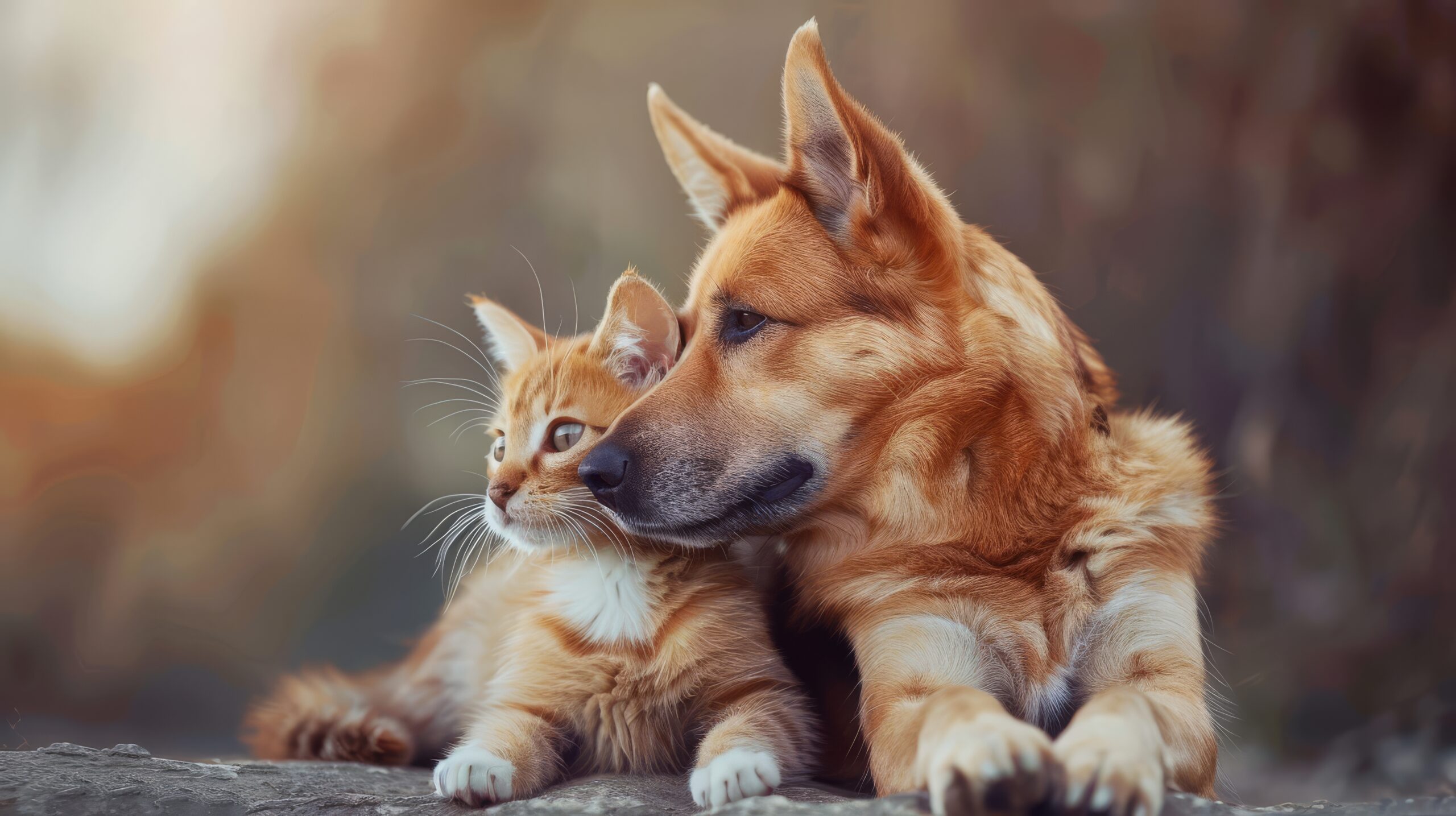 A foto mostra gato e cão
