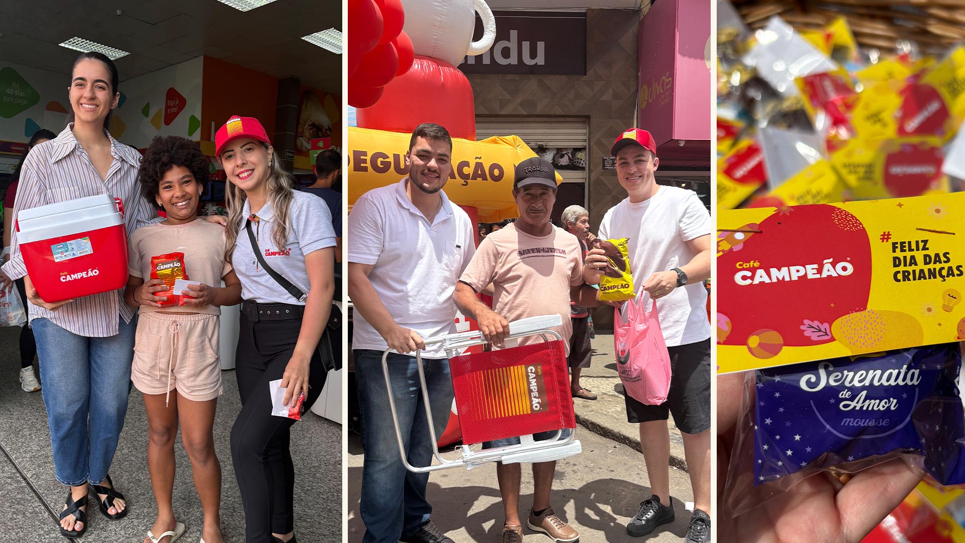 Equipe do Café Campeão realiza ação comemorativa em Cachoeiro de Itapemirim, distribuindo brindes e café durante a celebração dos 84 anos da marca e do Dia das Crianças. Pessoas sorridentes participam das degustações e recebem presentes personalizados do Café Campeão, símbolo de tradição e qualidade no Sul do Espírito Santo.