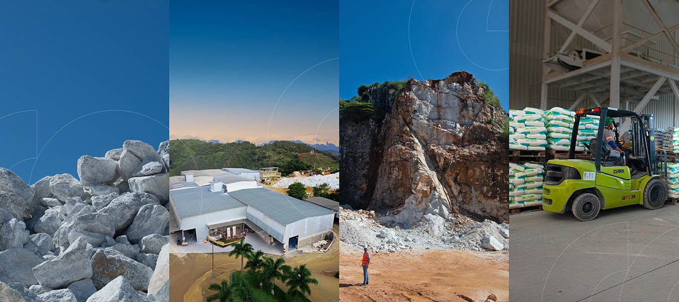 Imagem institucional da Carbomix mostrando diferentes etapas de produção: pedras de calcário bruto, vista aérea da fábrica em Cachoeiro de Itapemirim, frente de lavra na pedreira e colaborador operando empilhadeira entre sacarias de produtos industrializados.