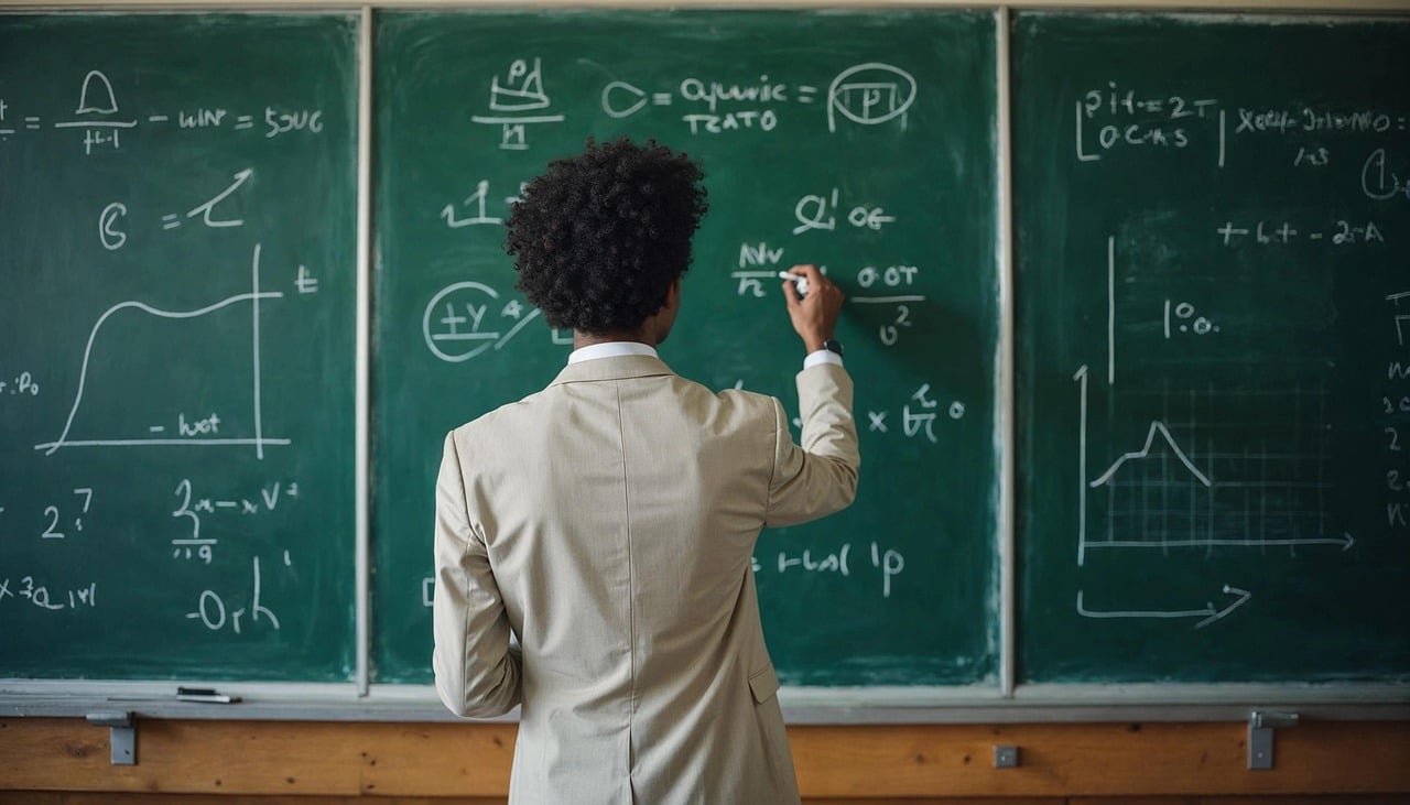 Professor escreve fórmulas matemáticas em um quadro verde durante aula, simbolizando a ampliação do magistério e o reforço da educação em Cachoeiro de Itapemirim.