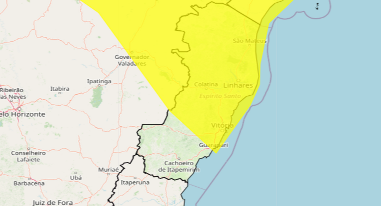 Mapa do INMET mostra áreas do Espírito Santo em alerta de chuvas intensas no Espírito Santo.