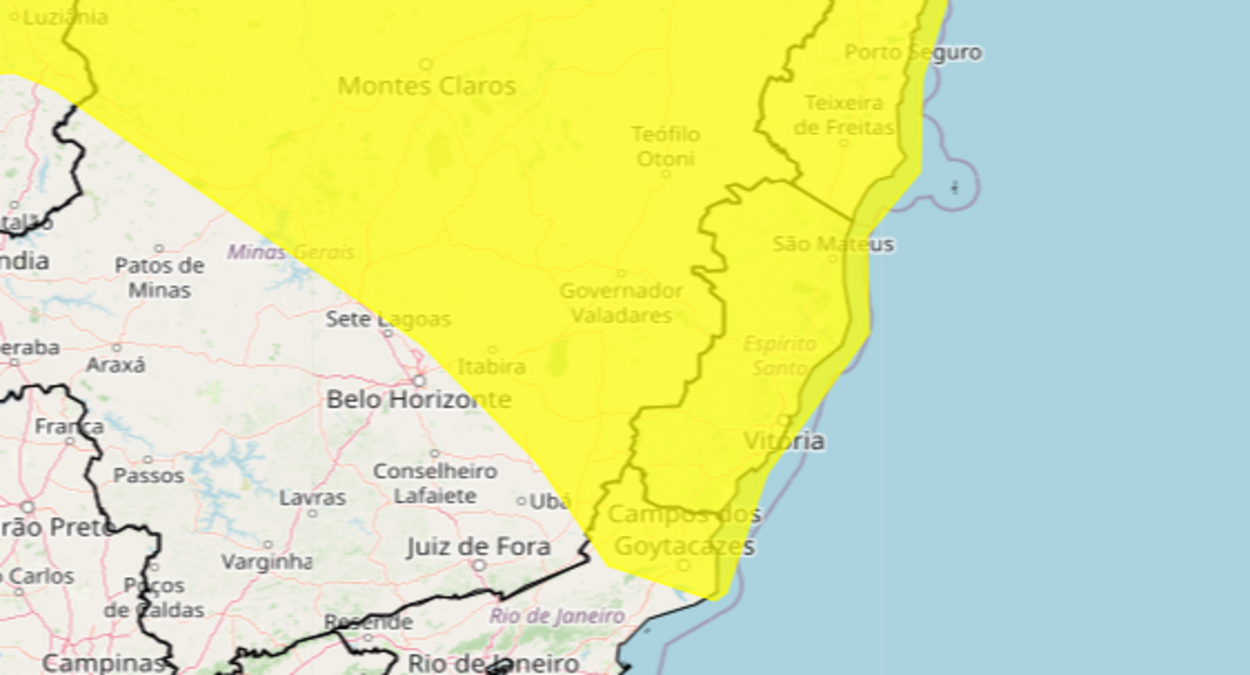 Mapa do INMET mostra áreas do Espírito Santo em alerta de chuvas intensas no Espírito Santo.