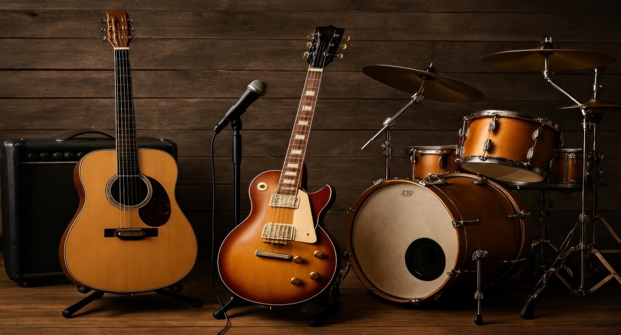 Na imagem mostram instrumentos musicais para Cursos gratuitos da Fafi Vitória