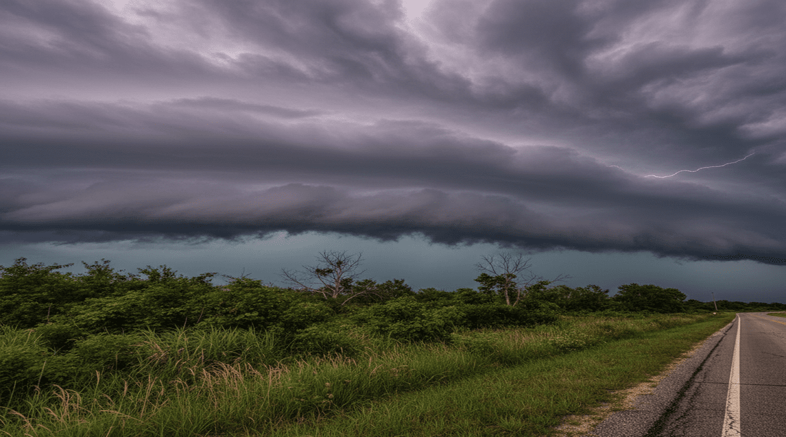 Uma estrada ladeada por vegetação verde sob um céu dramático com nuvens de tempestade muito pesadas, indicando tempo severo. Um relâmpago tênue é visível ao fundo.