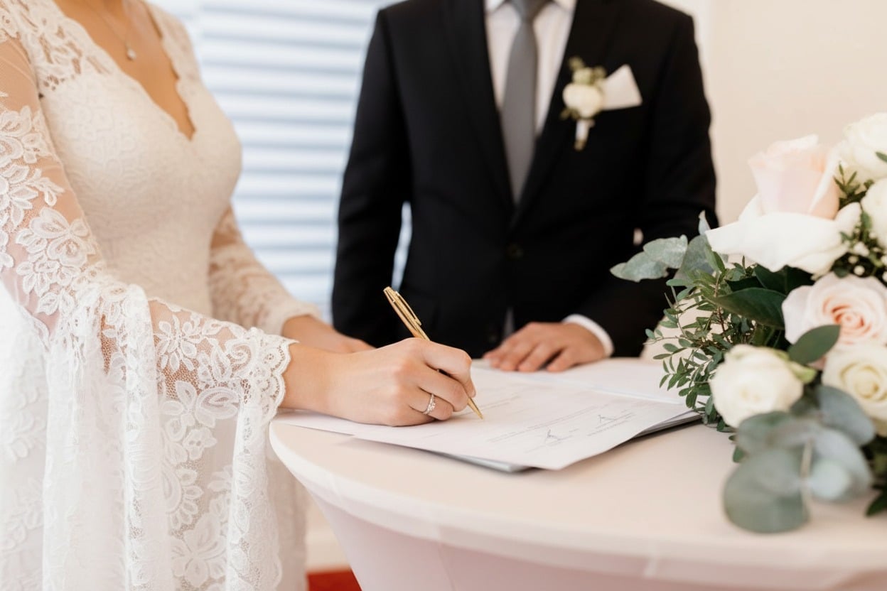 na foto mostra um casal vestidos de noivos assinando a certidão de casamento - sobrenome do marido na certidão