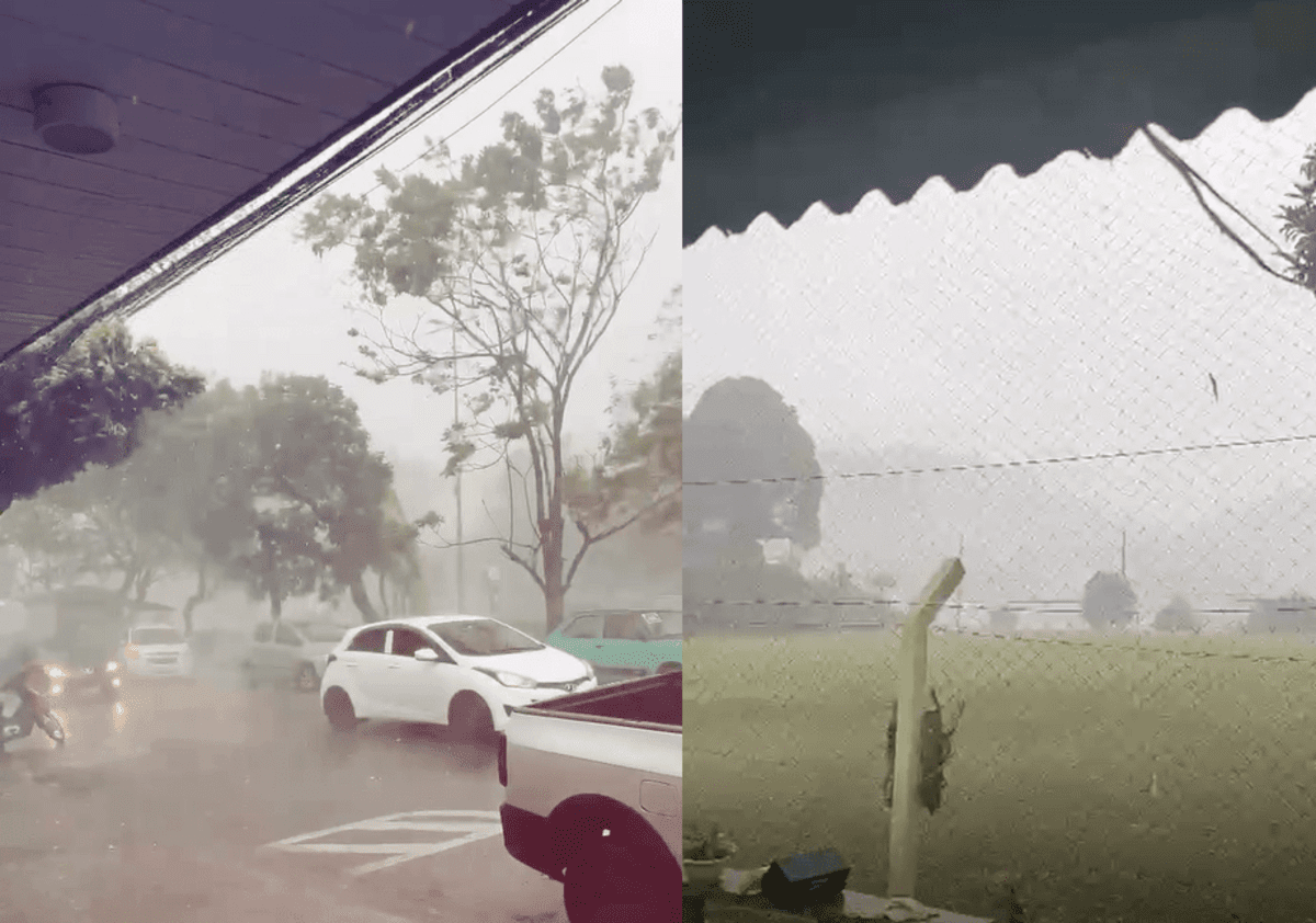 Dois registros mostram um forte temporal no Espírito Santo. À esquerda, ruas ficam tomadas pela chuva intensa, com carros se deslocando devagar e árvores balançando com o vento. À direita, a forte neblina causada pela chuva reduz a visibilidade em um campo cercado, onde postes e árvores ao fundo aparecem desfocados pela tempestade.