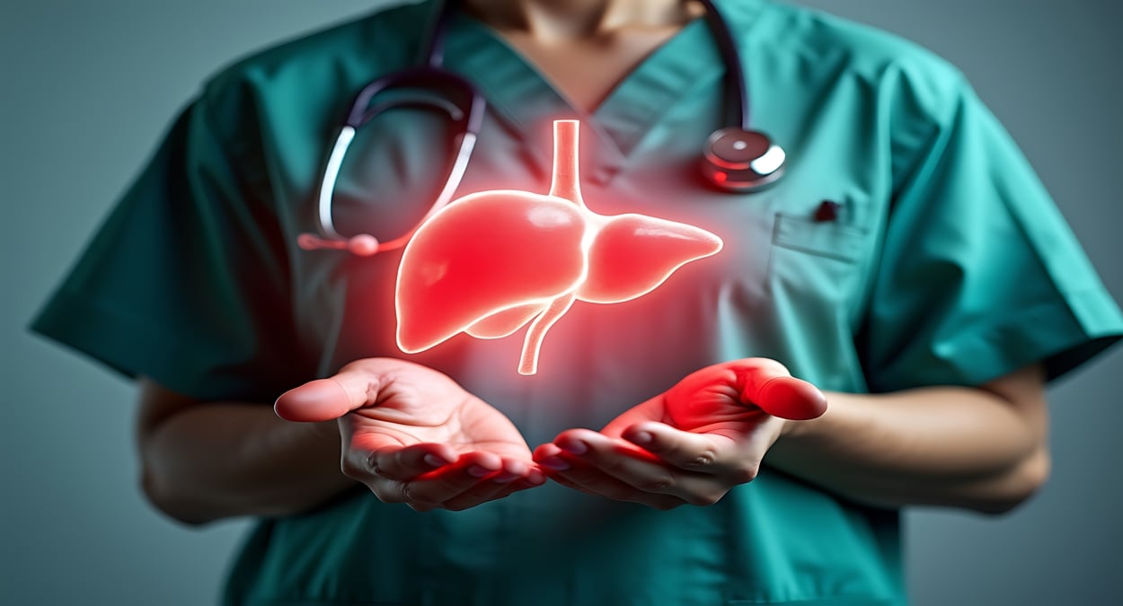 A foto mostra médico segurando projeção holográfica de um fígado