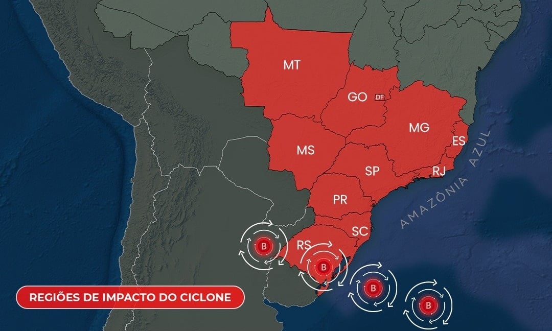 Mapa mostra o Ciclone extratropical no Brasil