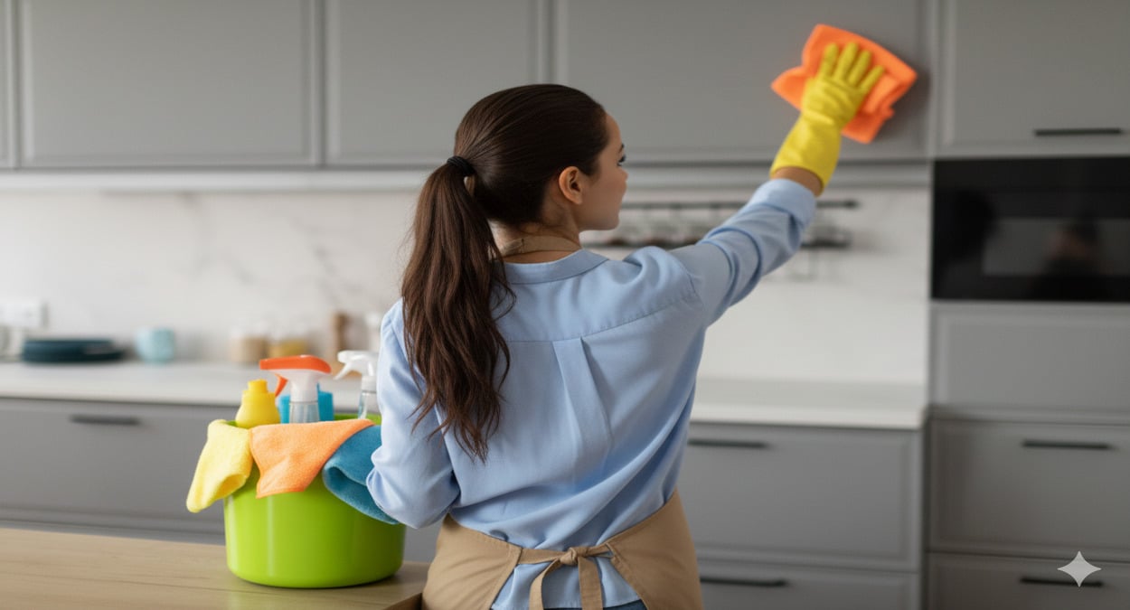 Mulher realizando limpeza doméstica em cozinha moderna, representando a vaga para funcionária do lar em Cachoeiro
