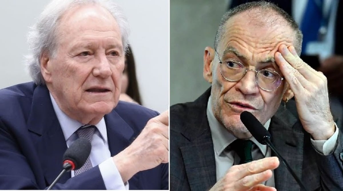 Montagem com duas fotos lado a lado, mostrando dois homens mais velhos falando diante de microfones em ambientes formais. À esquerda, um homem de cabelos grisalhos e traje azul aponta levemente com a mão enquanto fala. À direita, outro homem, também mais velho, usando óculos e terno escuro, toca a testa com uma das mãos e gesticula com a outra durante sua fala.