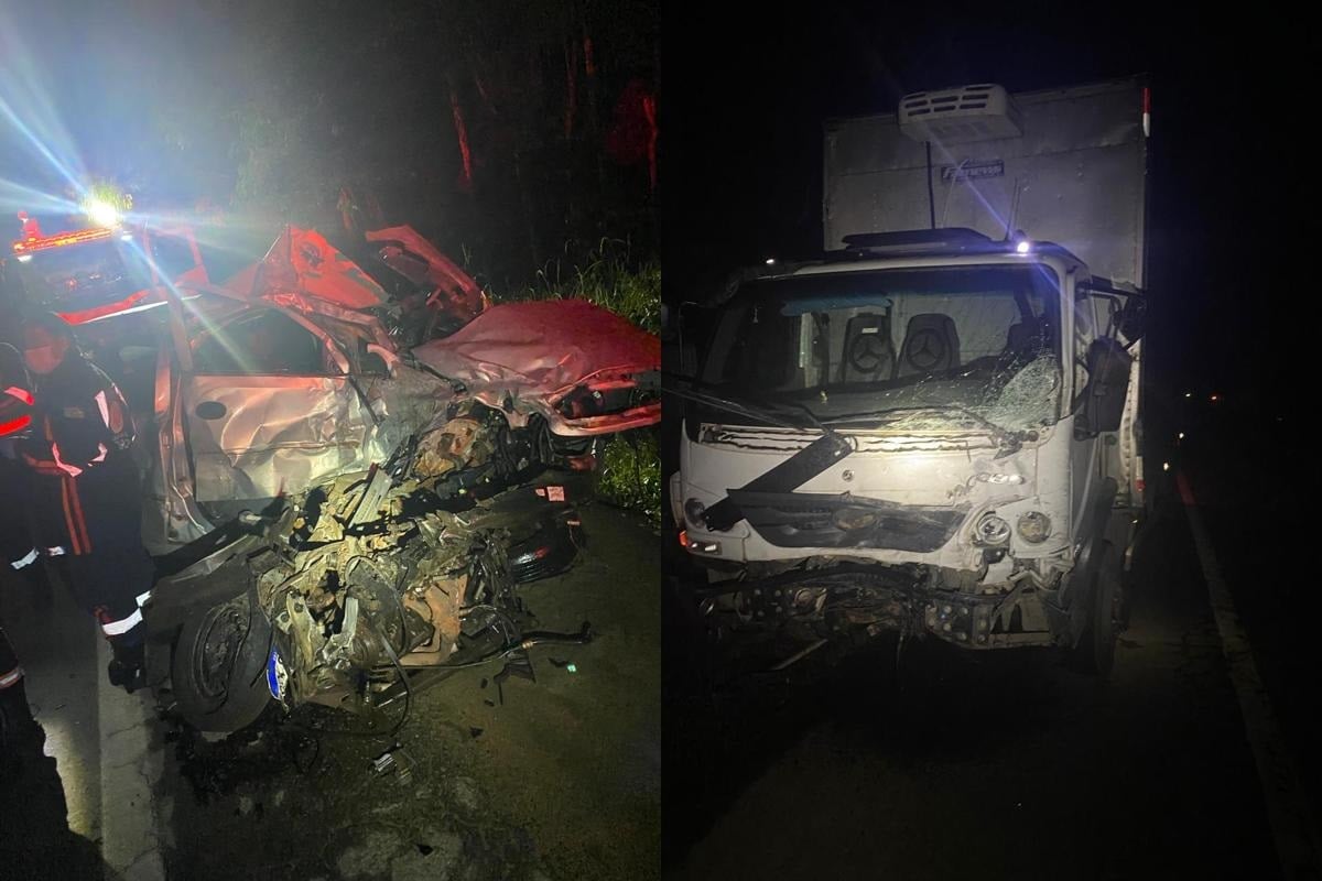Montagem com duas imagens de um grave acidente na BR-262, em Marechal Floriano. À esquerda, um carro de passeio aparece totalmente destruído após colisão, com a frente retorcida e equipes de resgate ao redor. À direita, um caminhão baú exibe danos severos na parte dianteira, parado à margem da rodovia durante a noite.