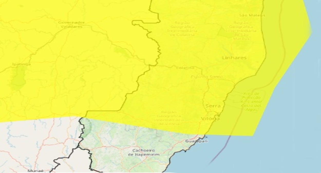 Mapa do Espírito Santo em destaque com áreas cobertas pelo alerta amarelo do INMET; regiões aparecem sinalizadas com a indicação de alerta amarelo no Espírito Santo para chuvas intensas.