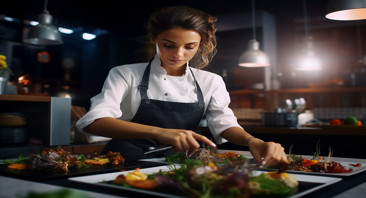 Auxiliar de cozinha preparando pratos em ambiente profissional, representando a vaga de trabalho disponível - restaurante Enrico’s